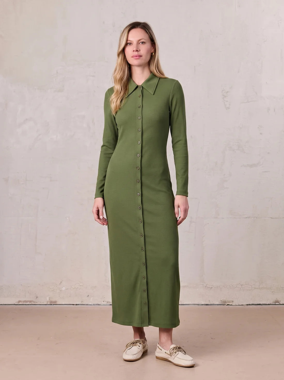 Button Down Ribbed Maxi Dress-Olive