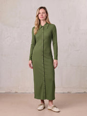 Button Down Ribbed Maxi Dress-Olive