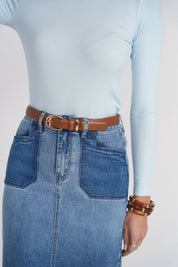 Long Sleeve Ribbed V Neck Tee- Sky