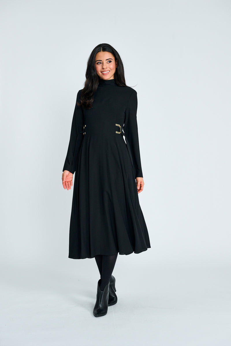 BLACK DRESS WITH MOCK NECK AND SIDE BELT BUCKLES 445626