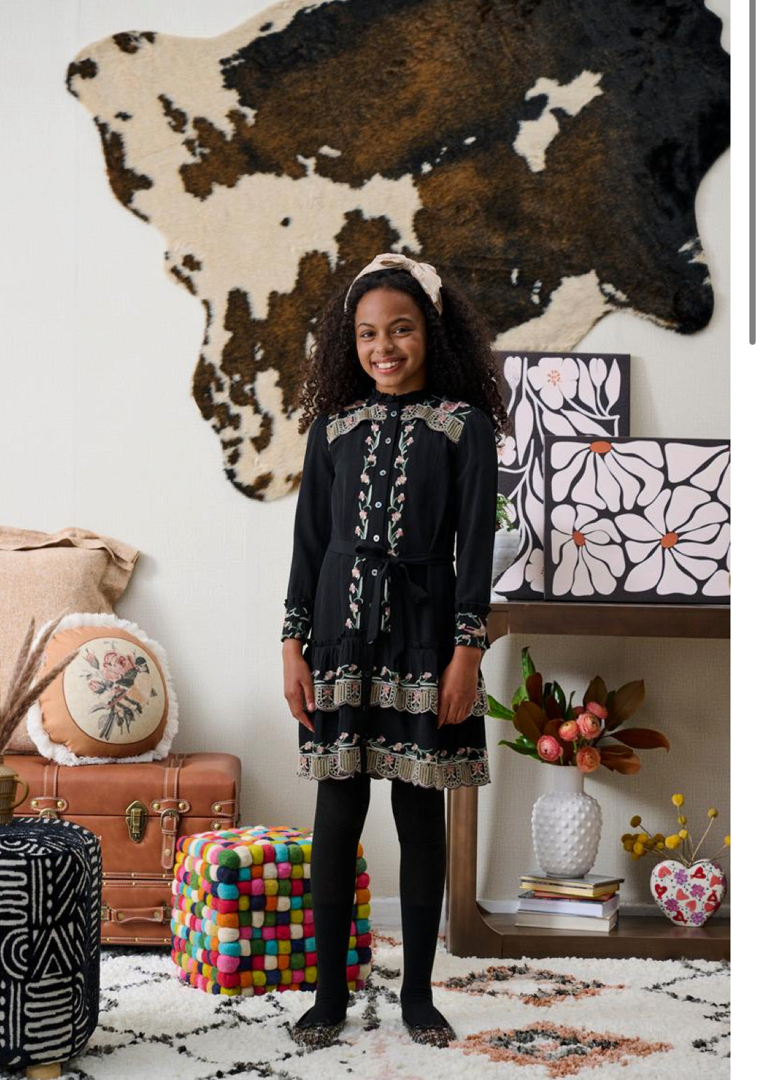 BLACK W/ PASTEL EMBROIDERY BUTTON DOWN DRESS 2174