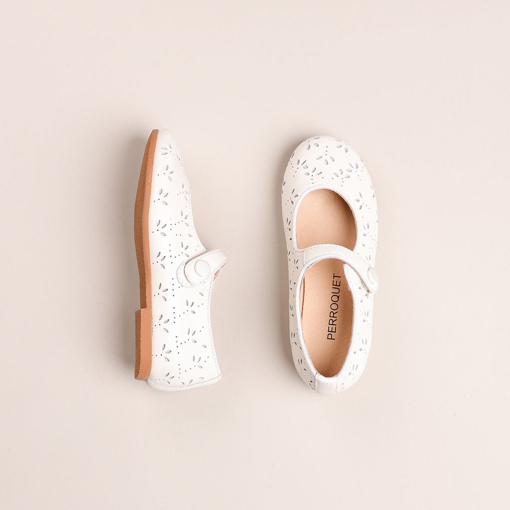 Round front mary jane laser cut | Bone White