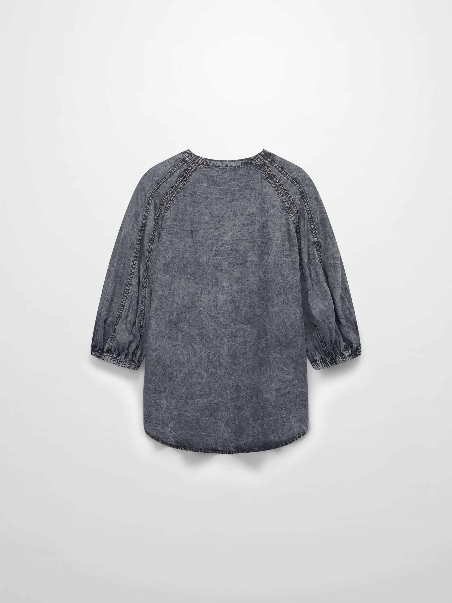 Puff Sleeve Washed Denim Blouse-Black