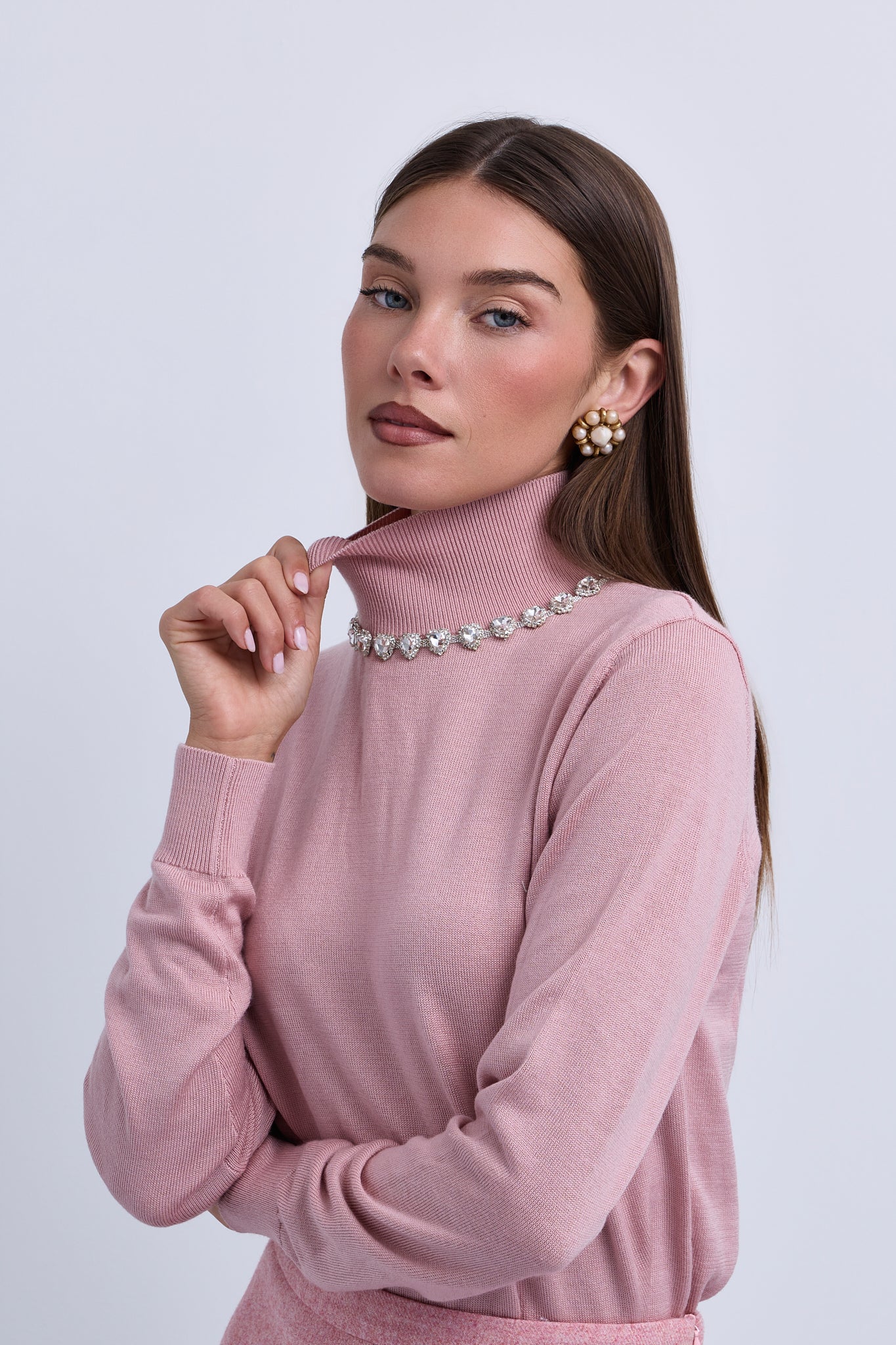 Fine Knit Hi Neck Top with Embellished Neckline