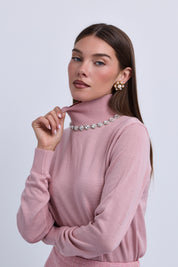 Fine Knit Hi Neck Top with Embellished Neckline