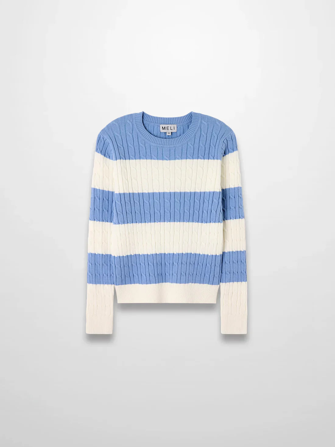 Striped Cable Sweater-Dusty Blue/White
