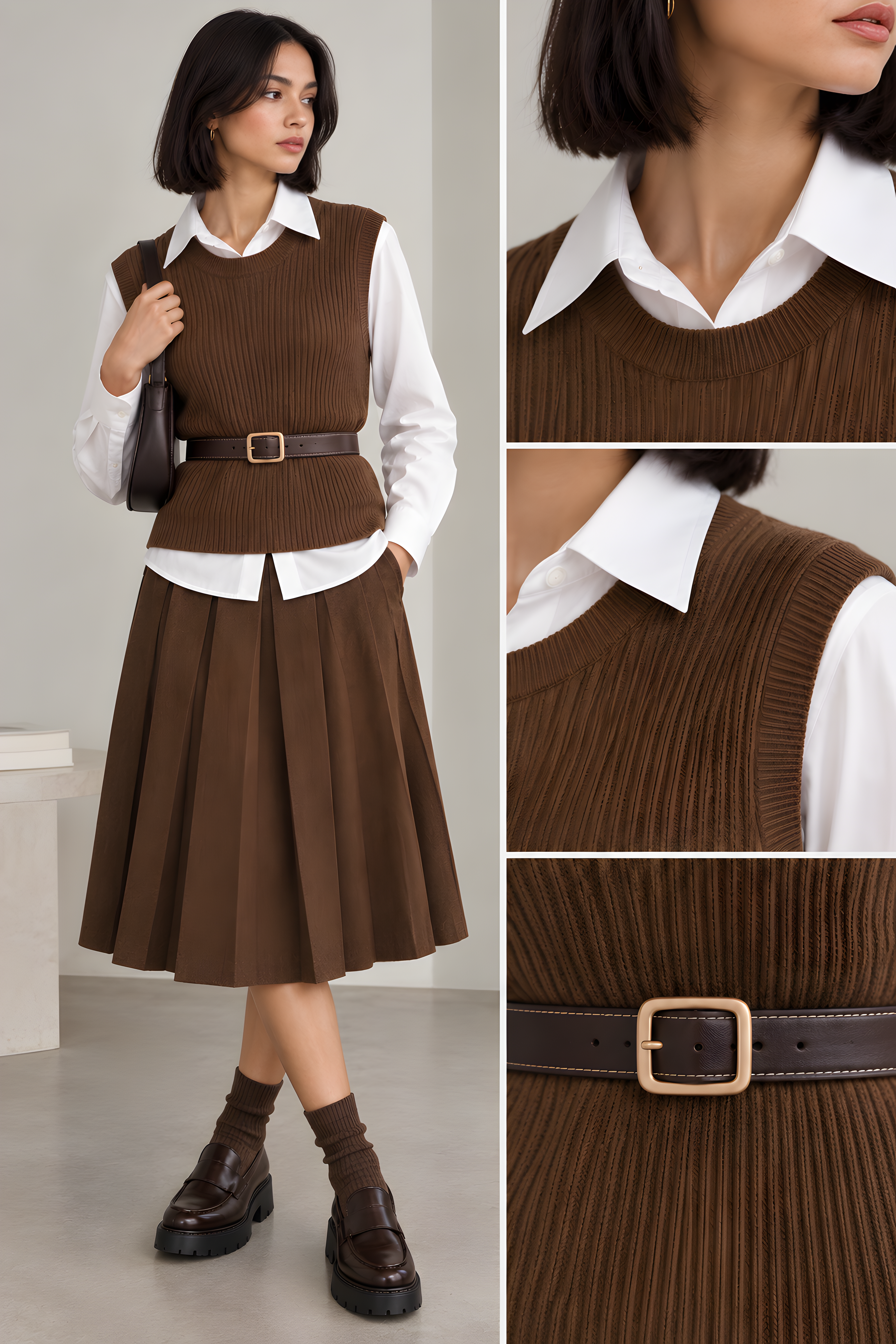 GENUINE LEATHER BELT ON A SHIRT AND KNIT VEST COMBO (D6)