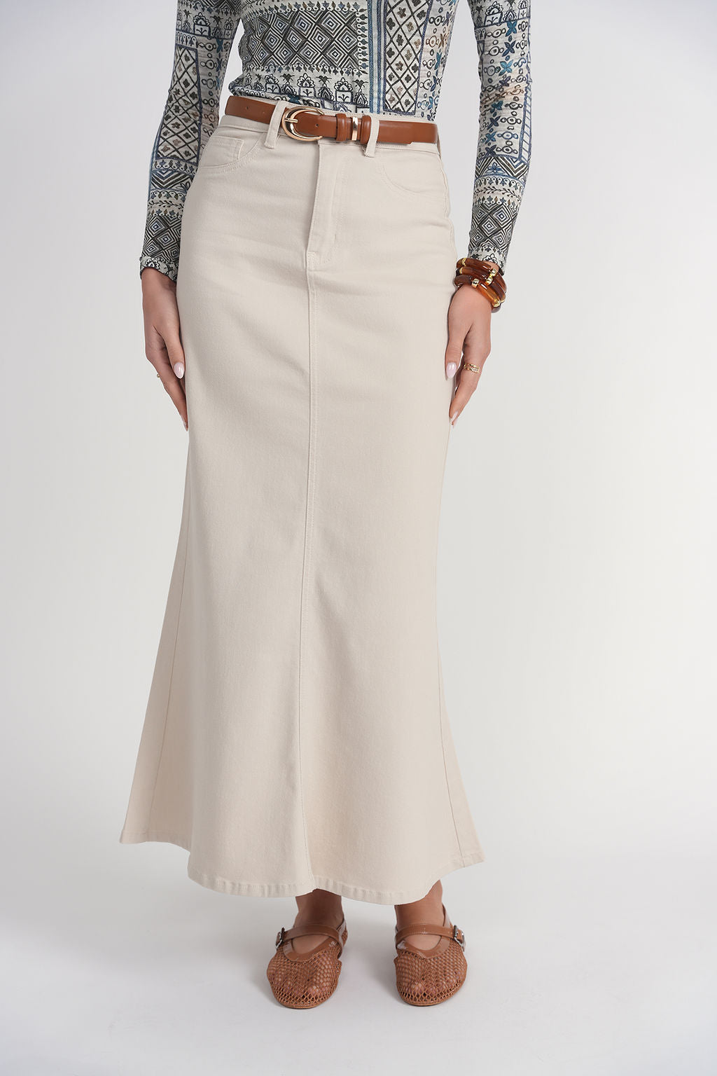Mermaid Denim Maxi Skirt- Stone