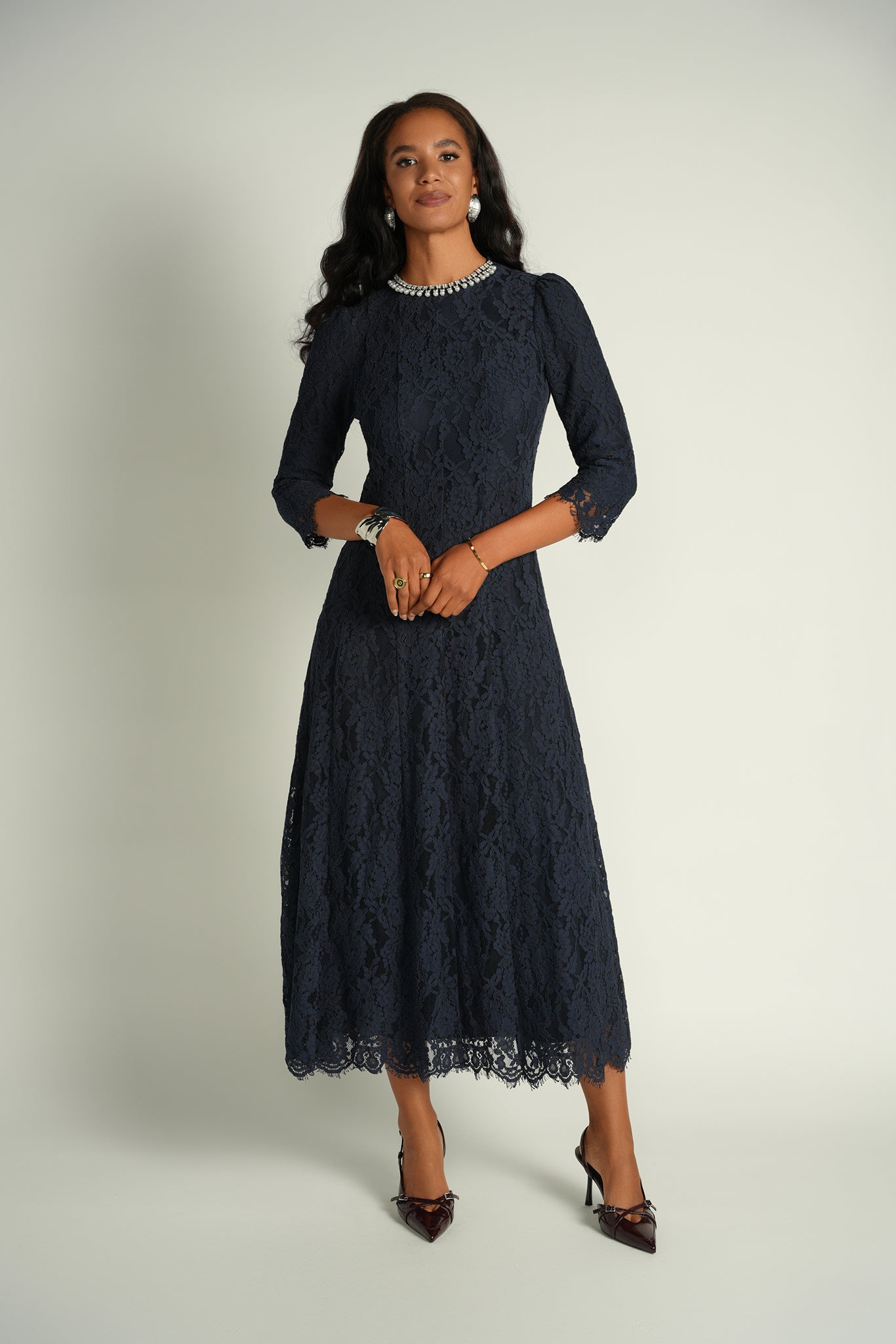 Embellished Lace Midi Dress