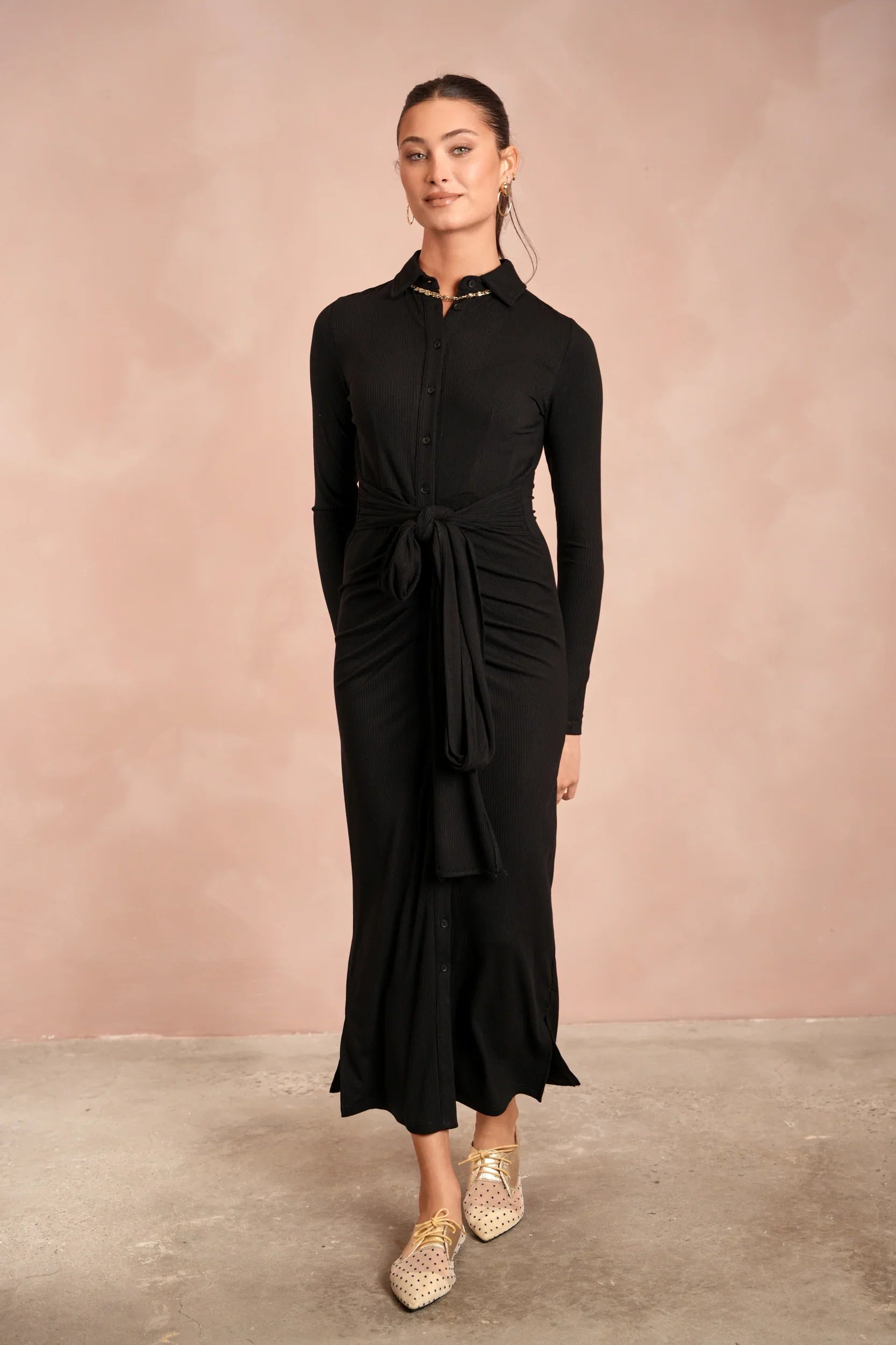 Soft Rib Ruched Collar Dress