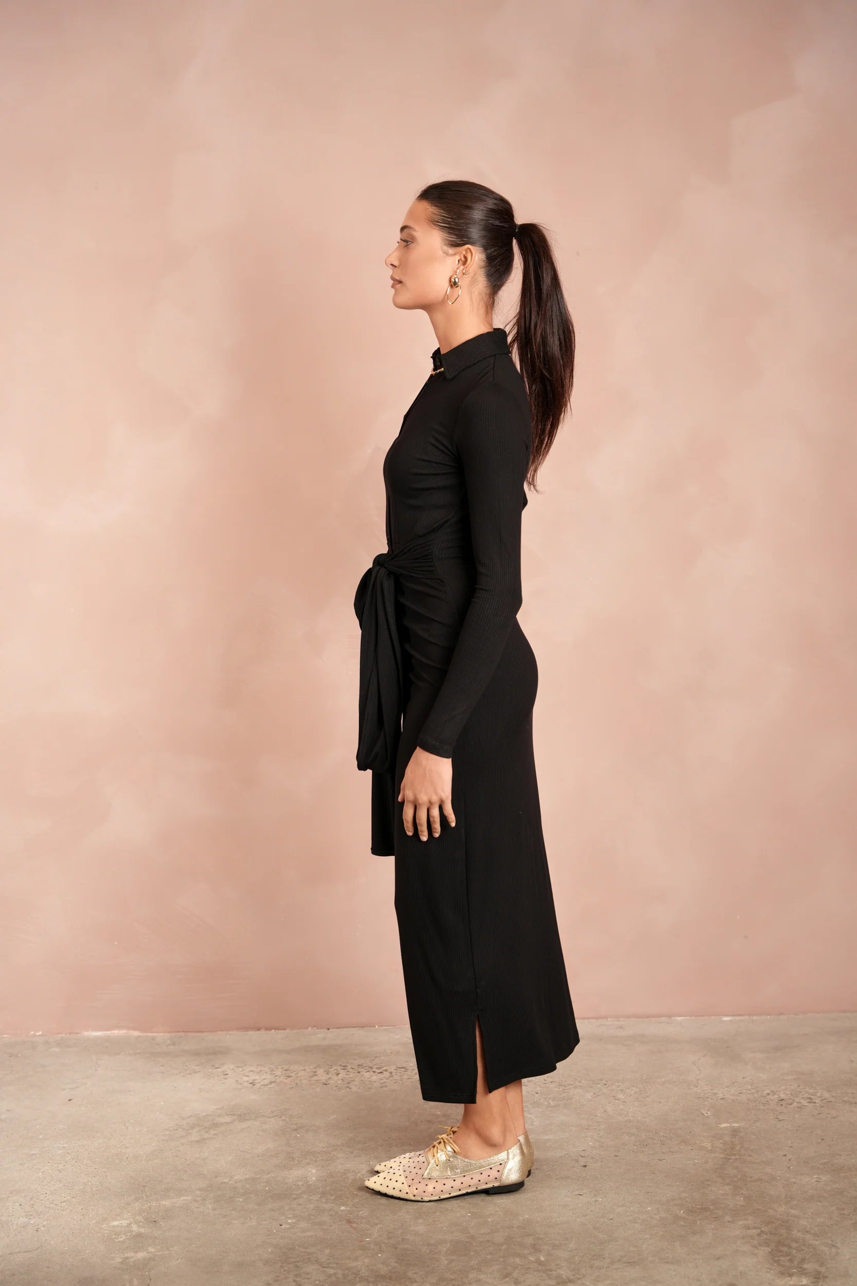 Soft Rib Ruched Collar Dress