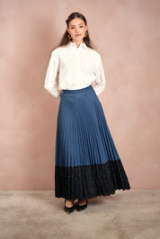 Lace Pleated Denim Skirt - Maxi