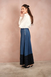 Lace Pleated Denim Skirt - Maxi