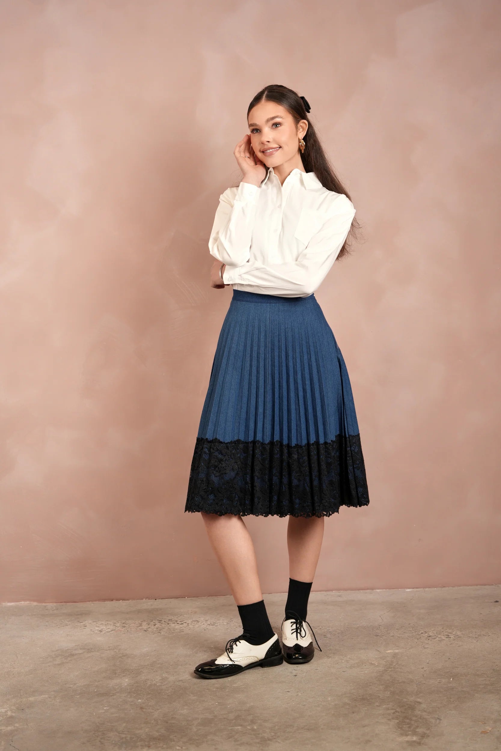 Lace Pleated Denim Skirt