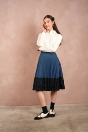 Lace Pleated Denim Skirt