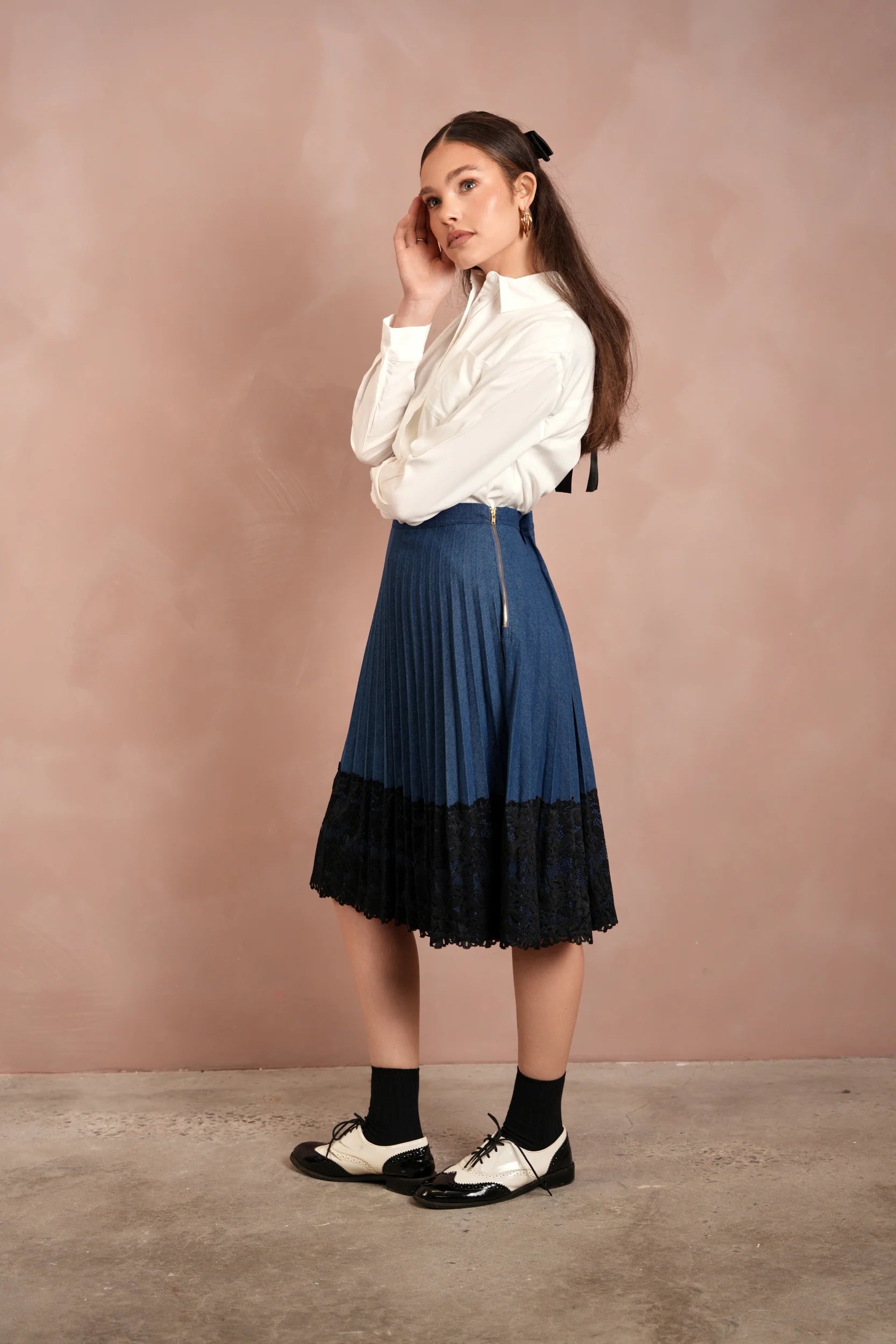Lace Pleated Denim Skirt