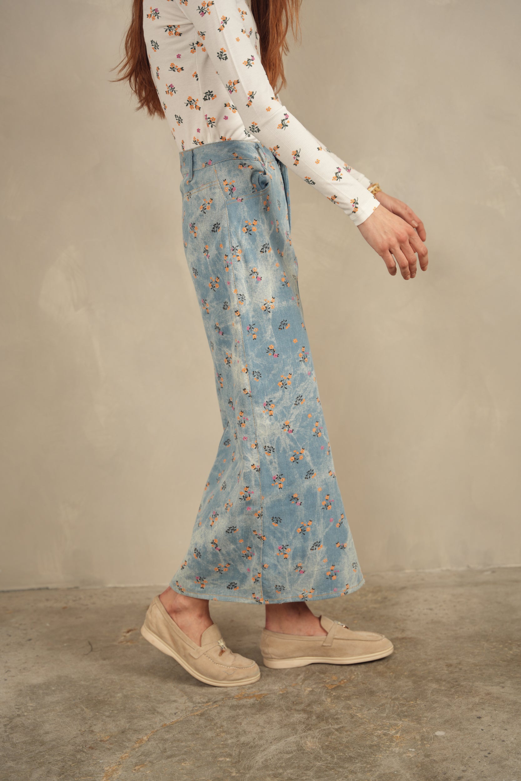 Printed Slit Denim Skirt