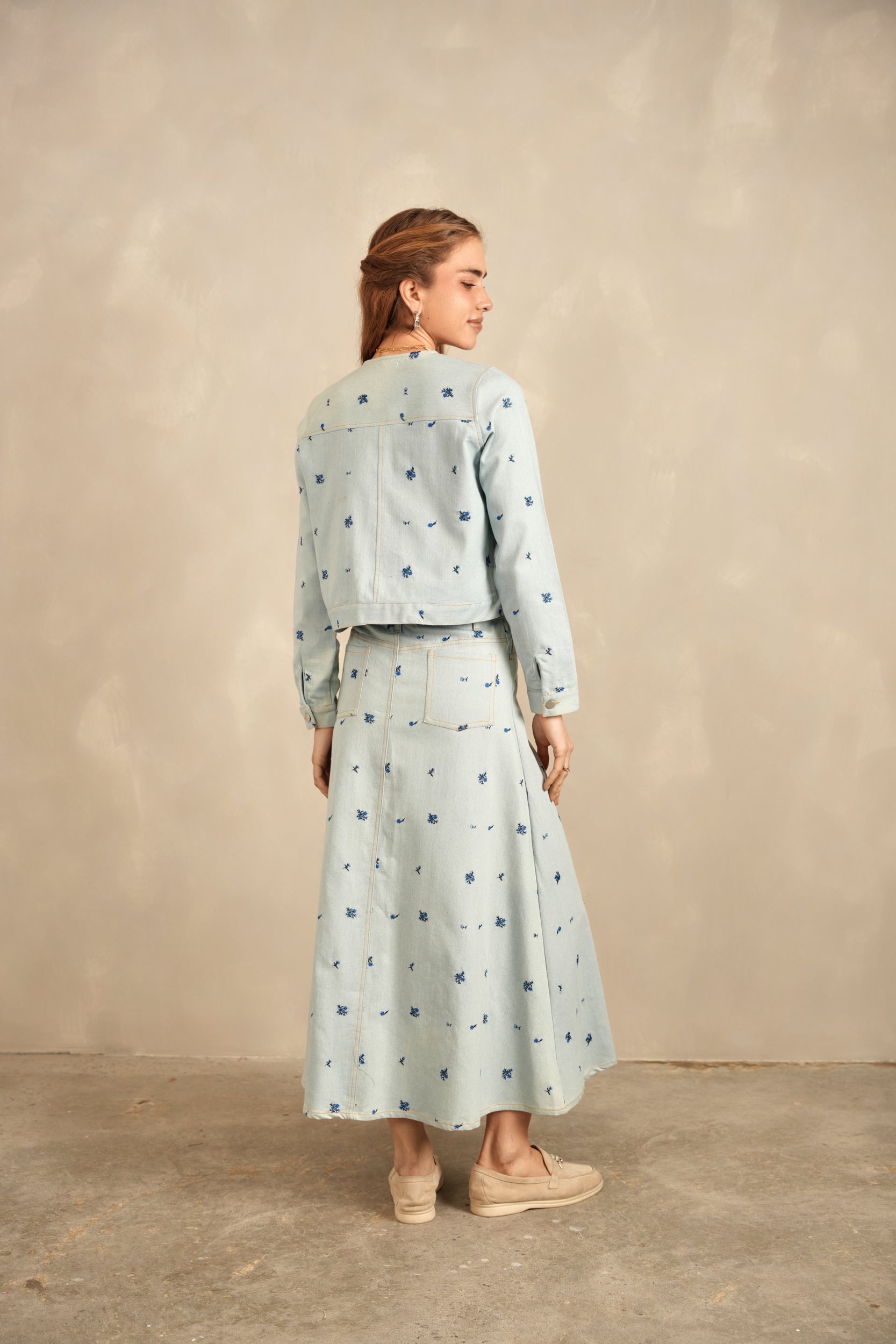 Emb. Denim Flare Skirt