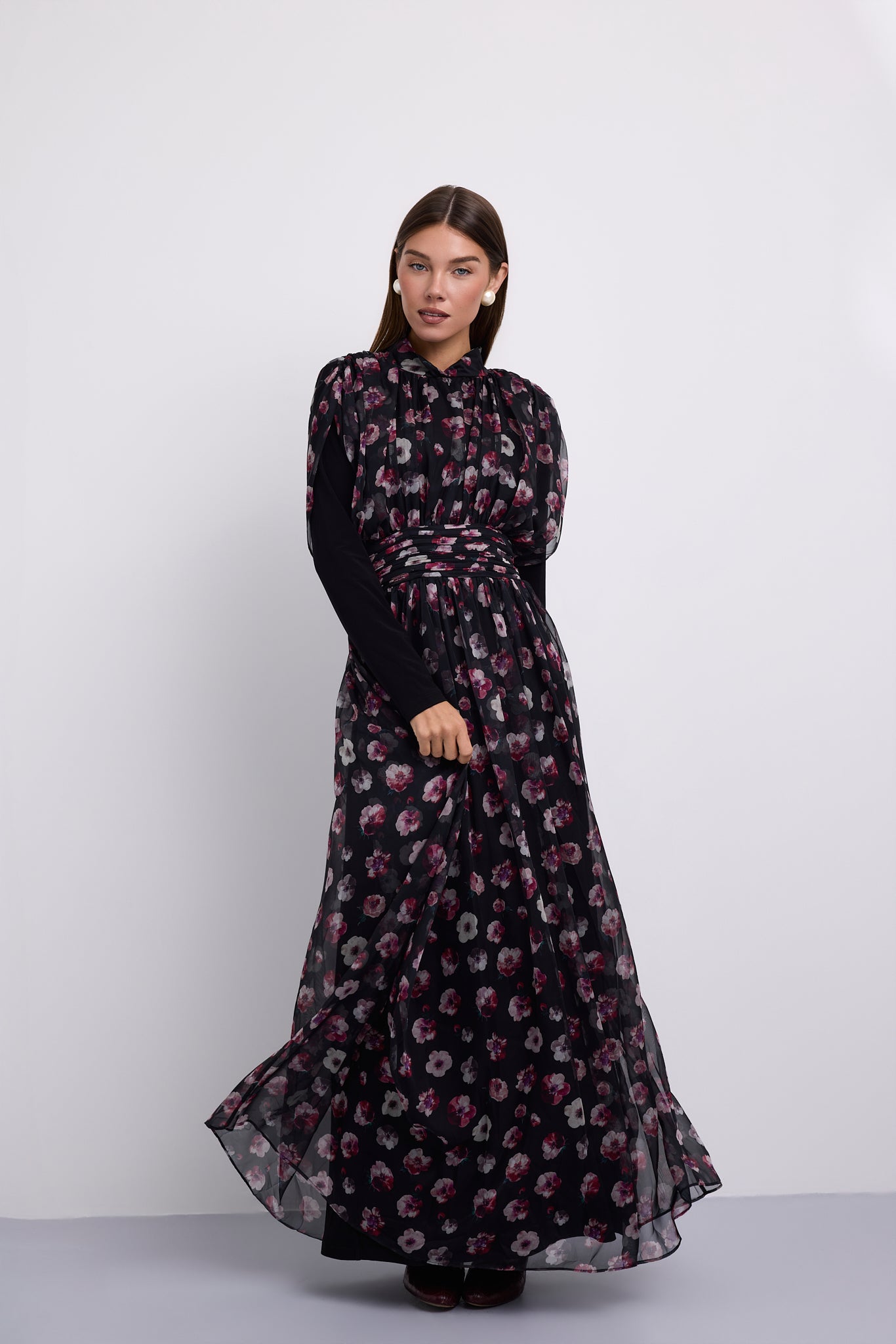 Floral Printed Maxi Dress with Wide Gathered Waistband