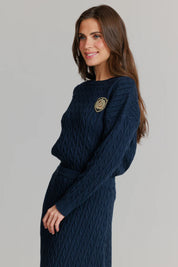 Patch cable knit sweater navy