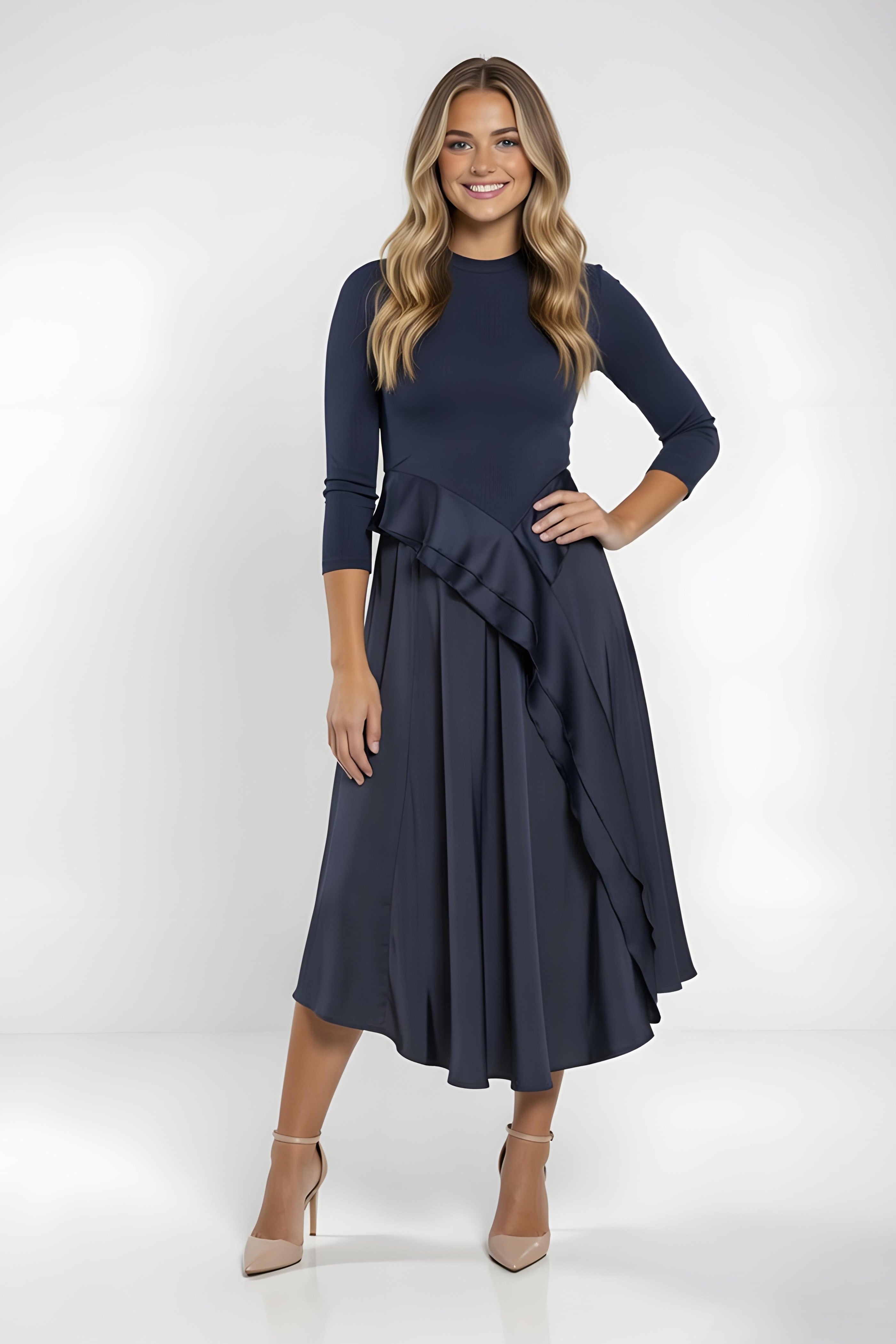 RUFFLED MIXED FABRIC DRESS  AVAILABLE IN 2 COLORS (26SM7)