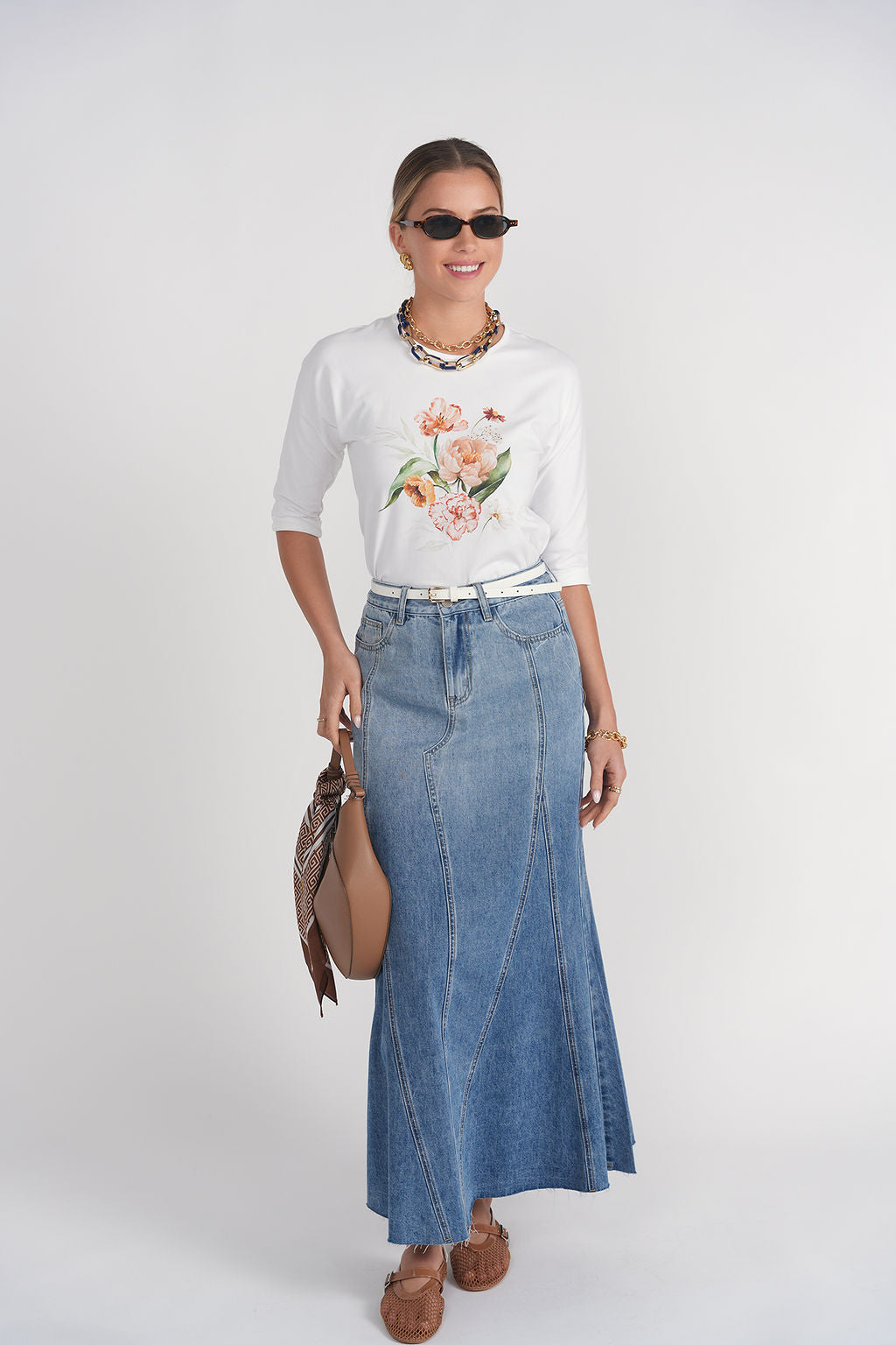 3-4 Sleeve Cotton Tee- Flowers on White