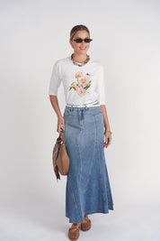 3-4 Sleeve Cotton Tee- Flowers on White