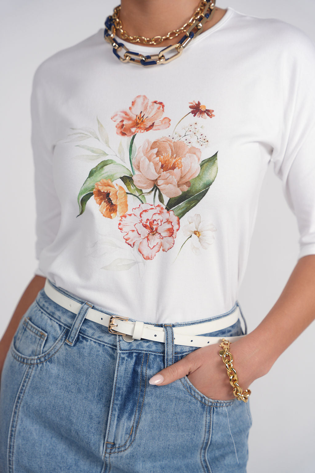 3-4 Sleeve Cotton Tee- Flowers on White