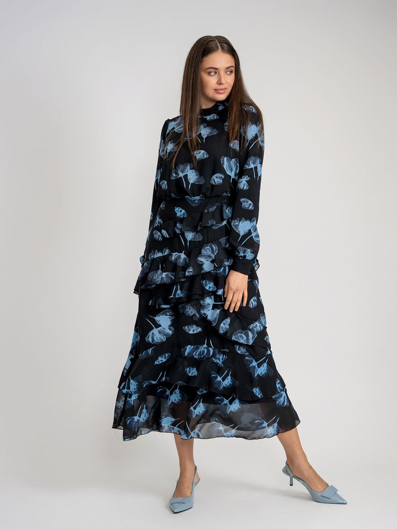 Teen drees with combo sleeves and diagonal small shirring ruffels back zippe rbuttons on cuffs