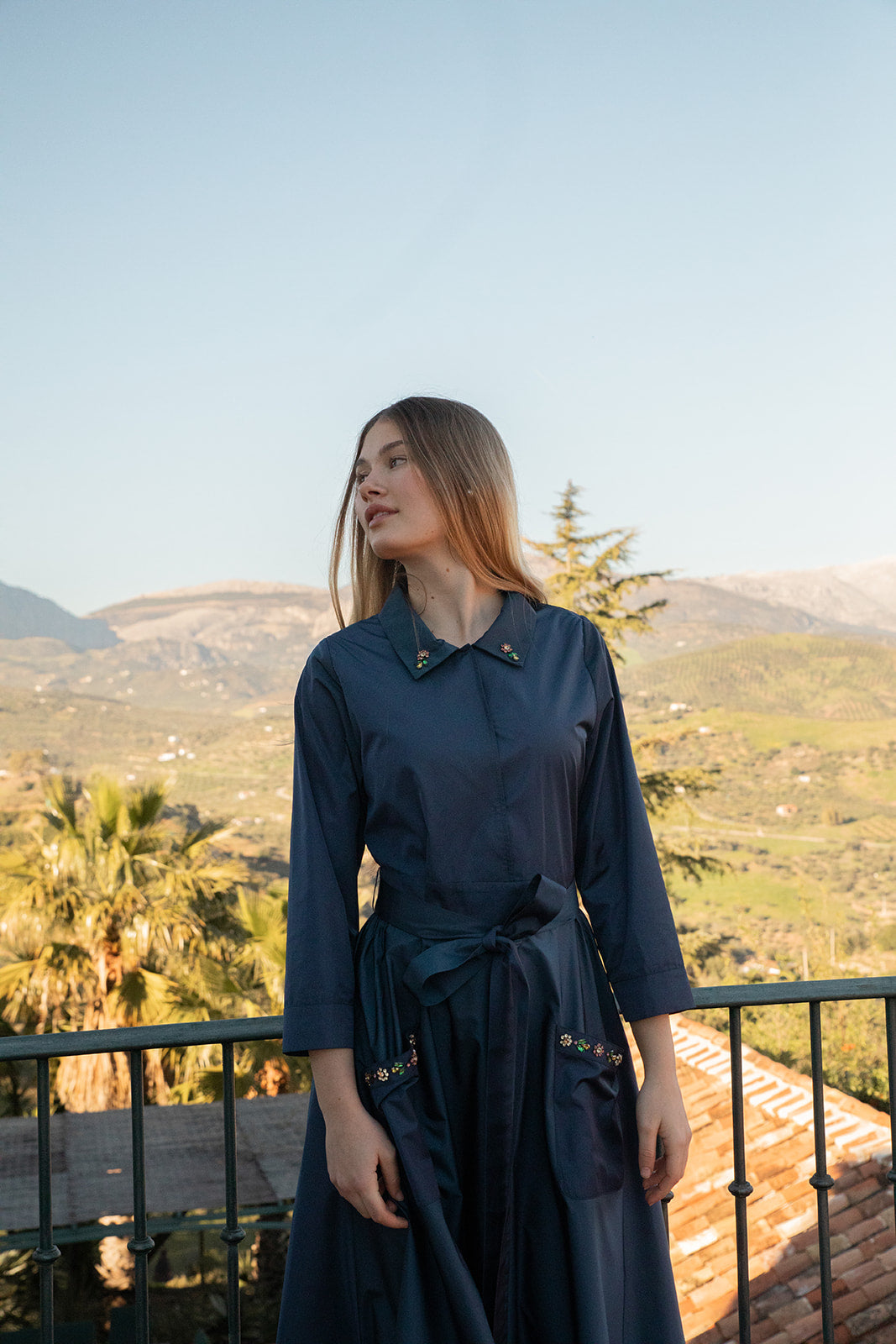 Taffeta Gown with Stone Embellished Collar and Pockets