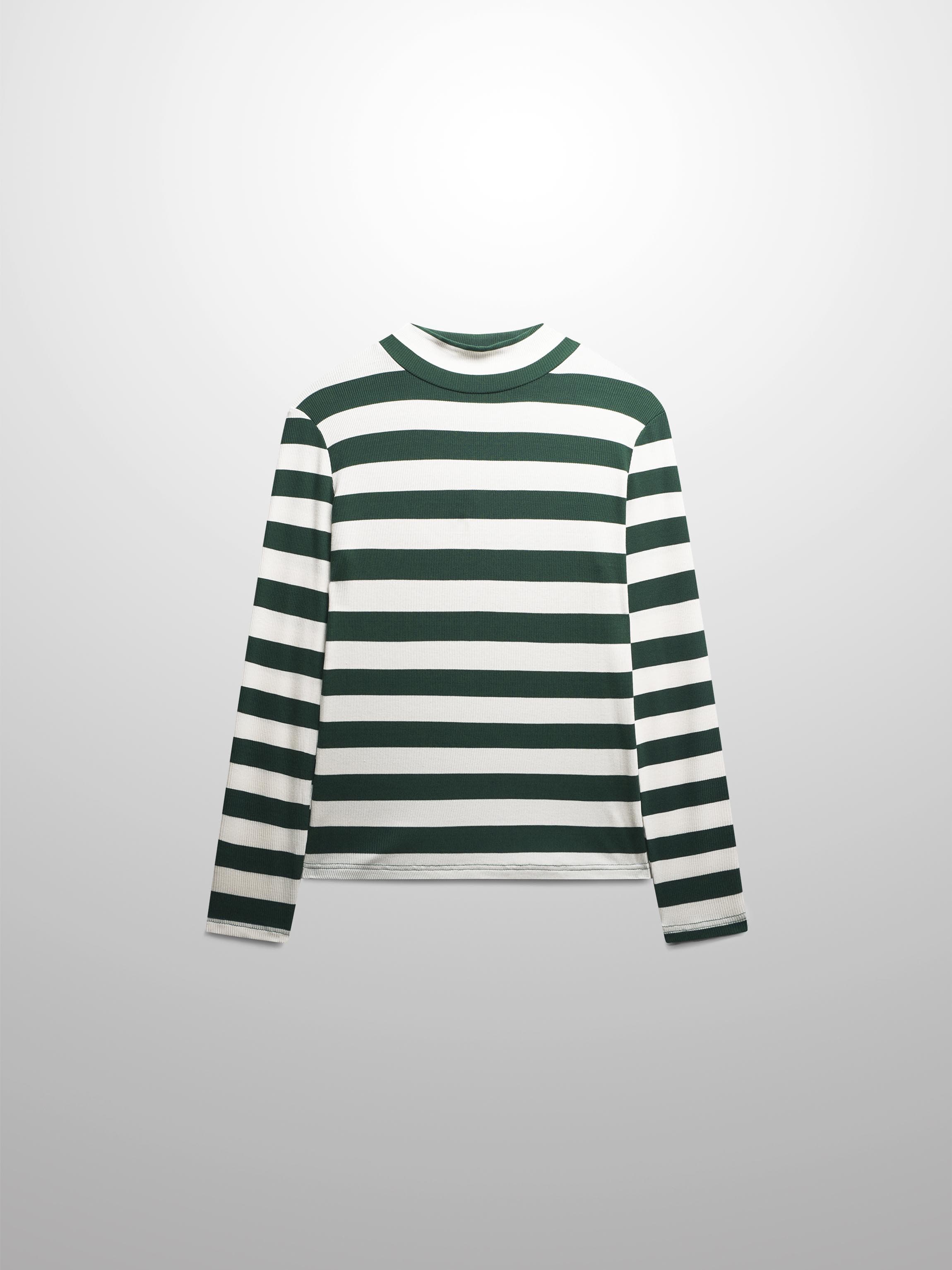Striped Ribbed Turtleneck-Emerald/Cream
