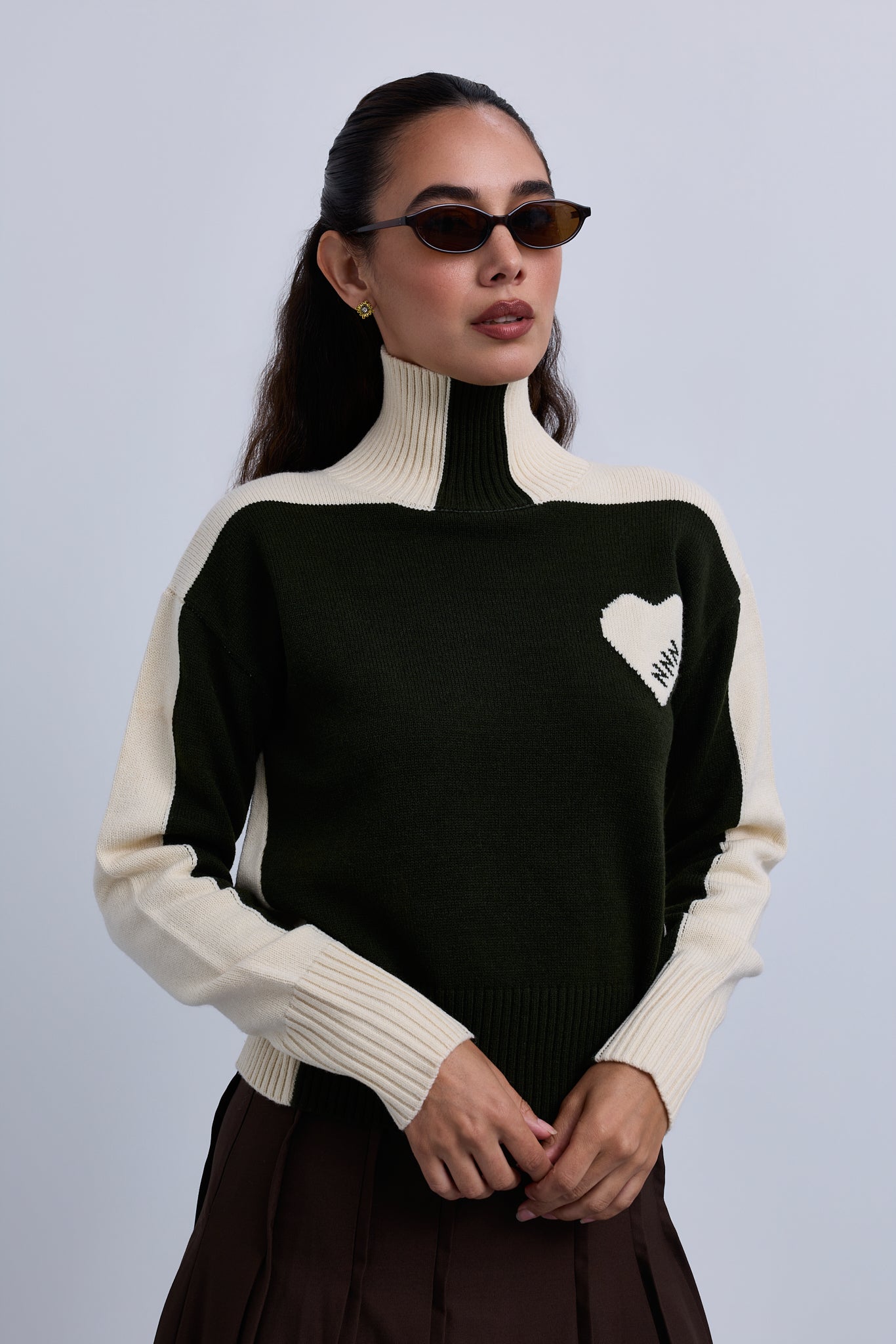 Two Tone High Neck Jumper with Side Chest Heart Design