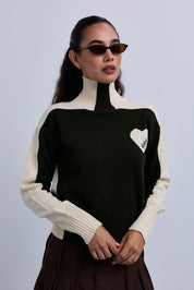 Two Tone High Neck Jumper with Side Chest Heart Design