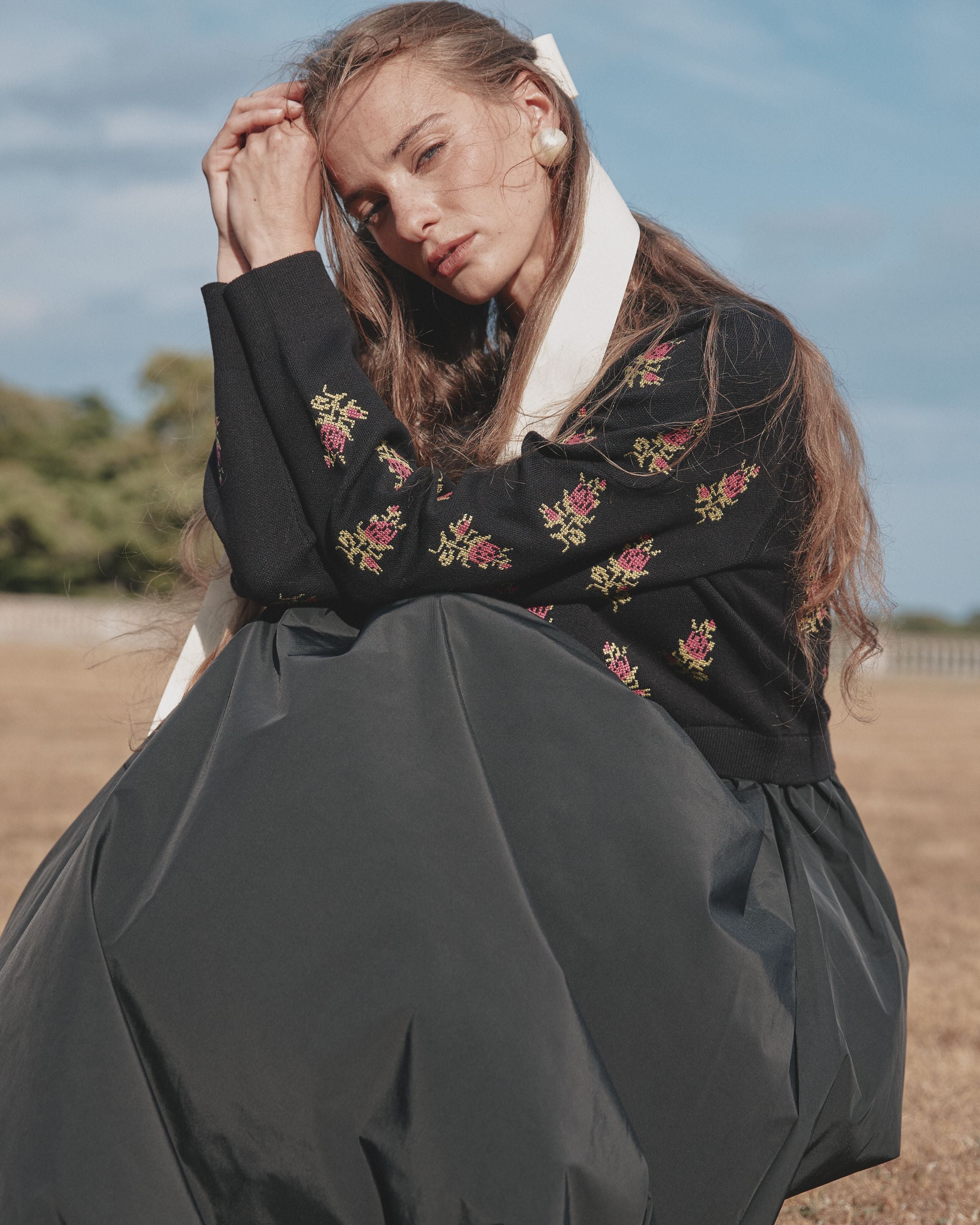 Flower Print Knitted Top Full Skirt Dress