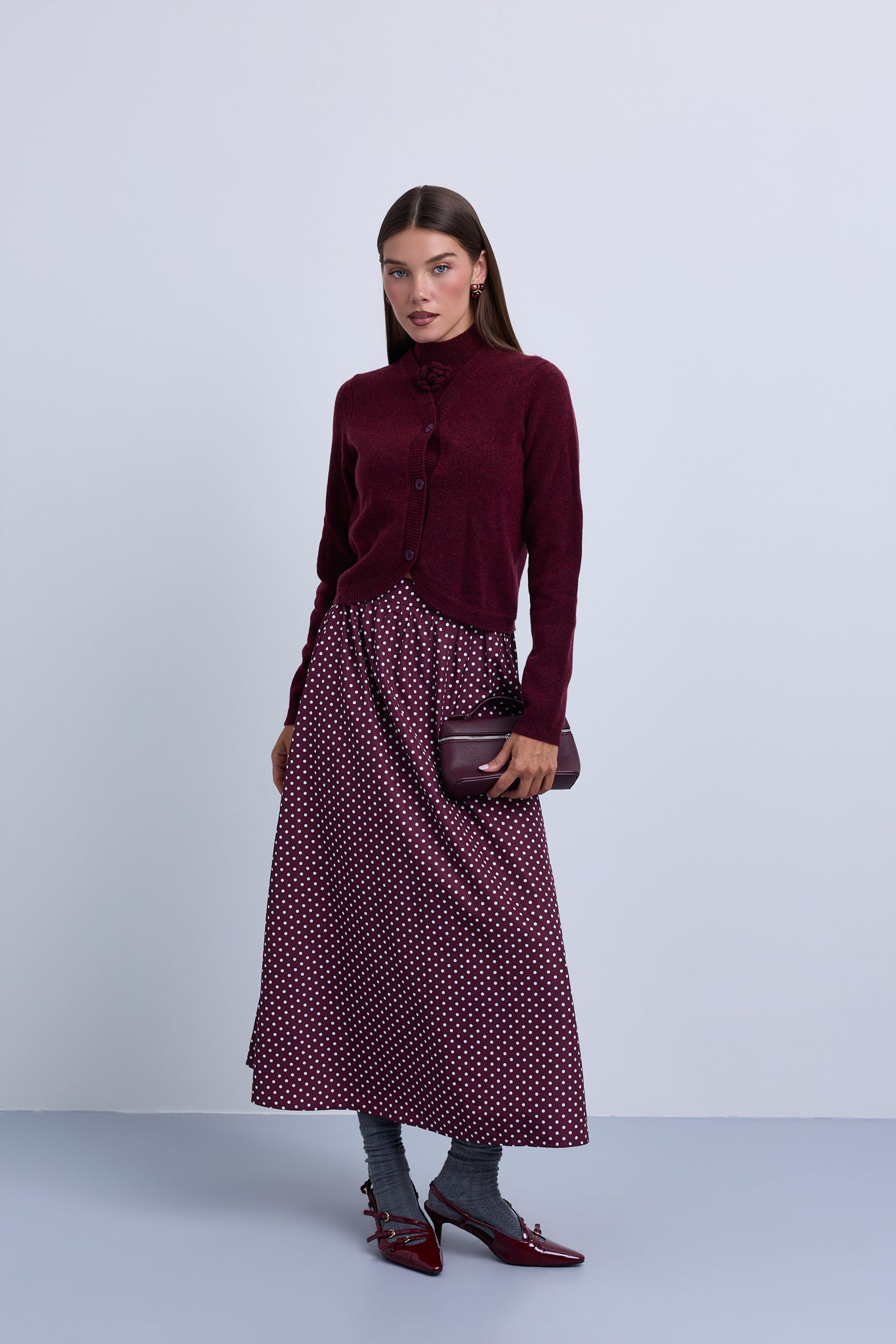Polka dot subtly gathered waist skirt