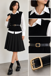 GENUINE LEATHER BELT ON A SHIRT AND KNIT VEST COMBO (D6)