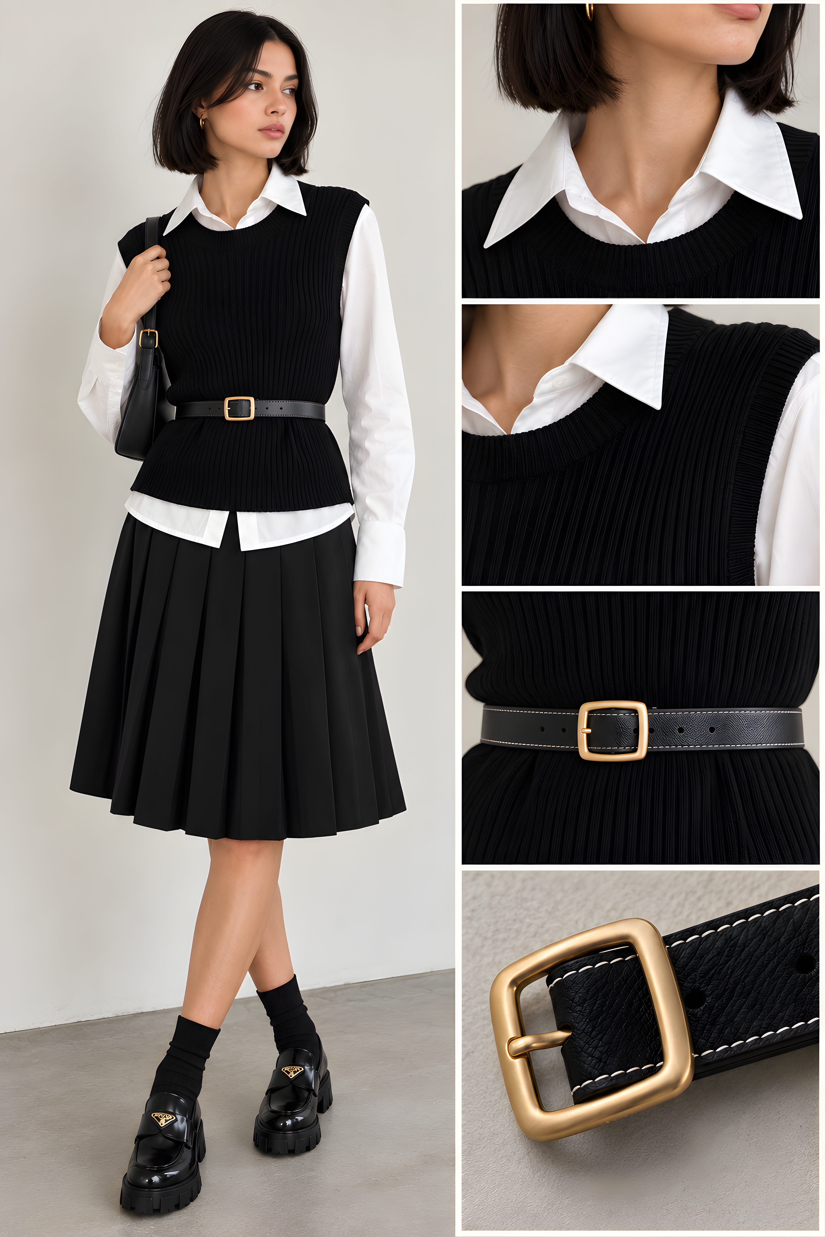 GENUINE LEATHER BELT ON A SHIRT AND KNIT VEST COMBO (D6)