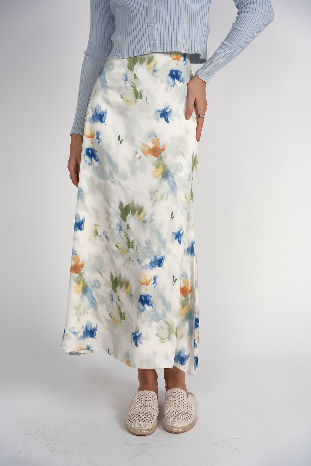 Bias Cut Midi Skirt- Abstract Floral Satin