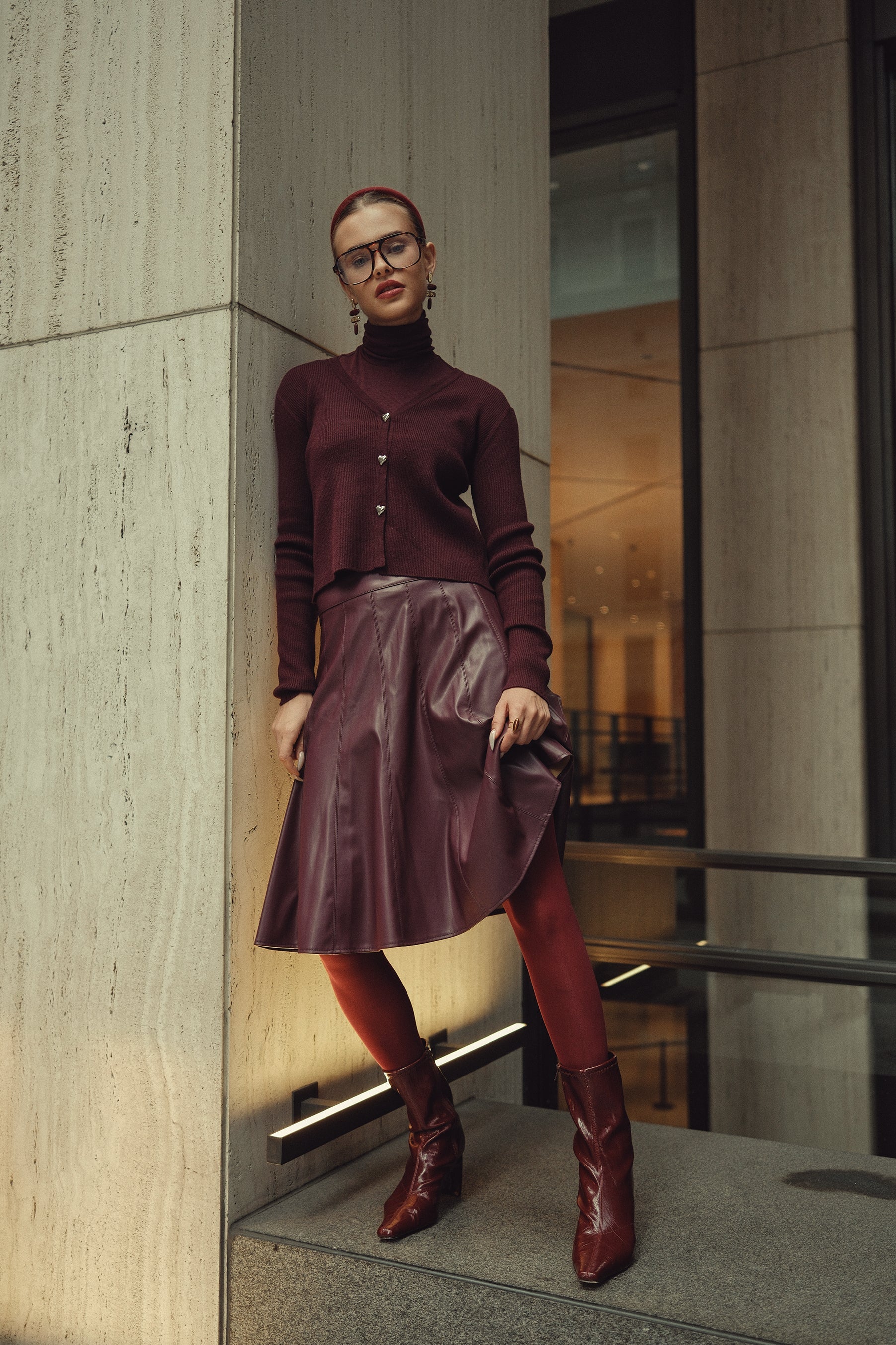 Paneled Flare Skirt- Leather Eggplant