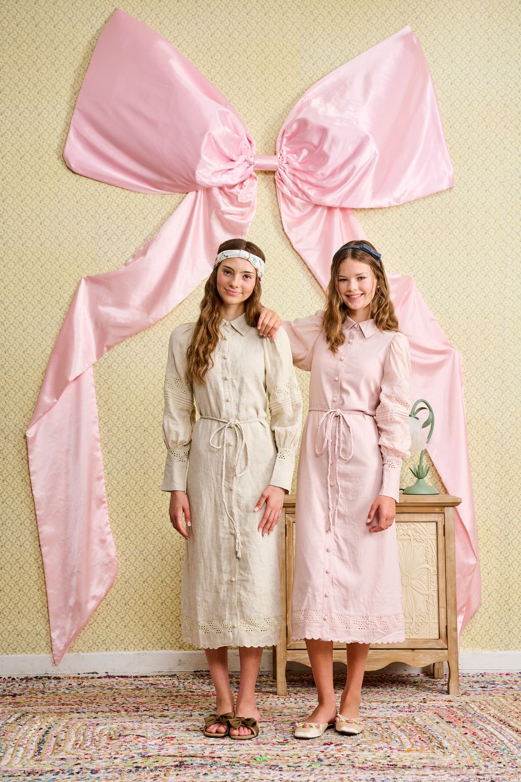 TAN LINEN BELTED DRESS WITH EYELET TRIM T-1194