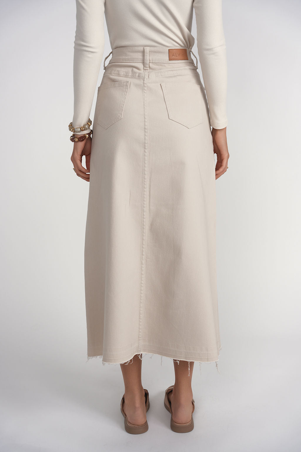 Fray Detail Denim Skirt- Stone