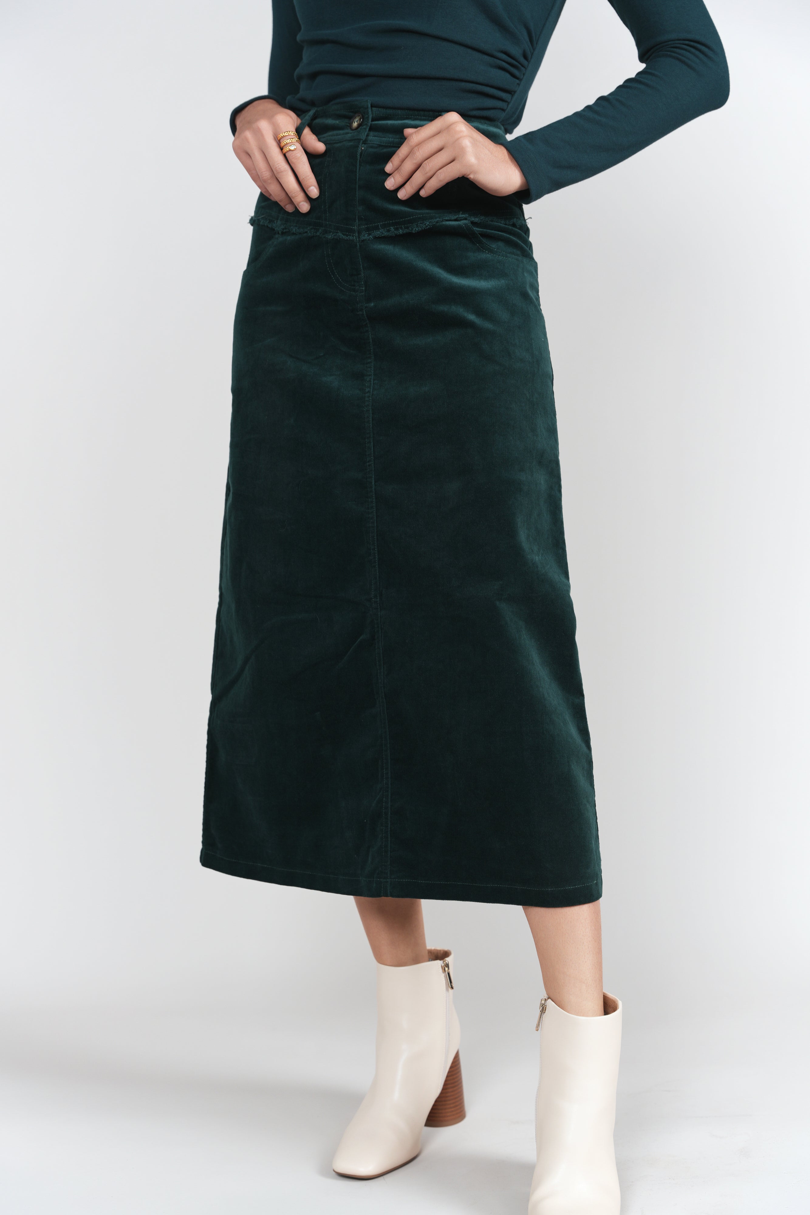 Fray Detail Skirt- Emerald Corduroy