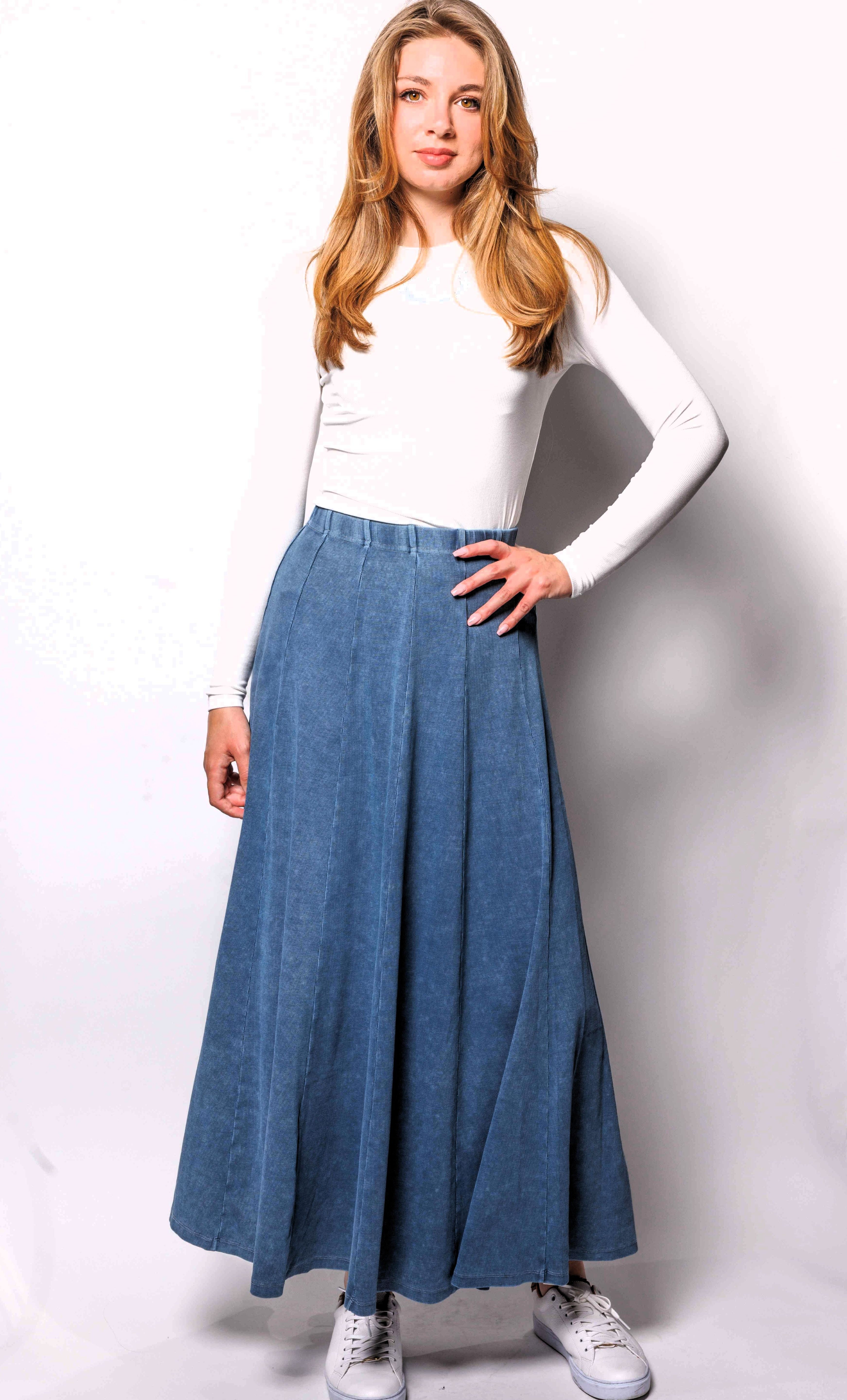 MAXI ACID WASHED RIBBED PANEL SKIRT