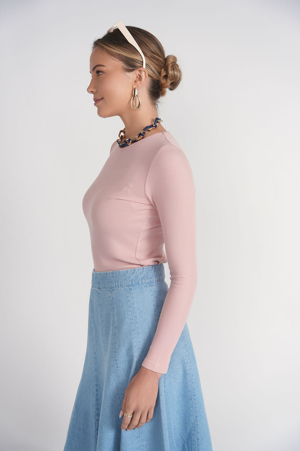 Long Sleeve Ribbed V Neck Tee- Pink