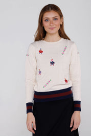 DOTTED OUTLINE BOXES SWEATER WITH EMBROIDERY AND WAIST STRIPE