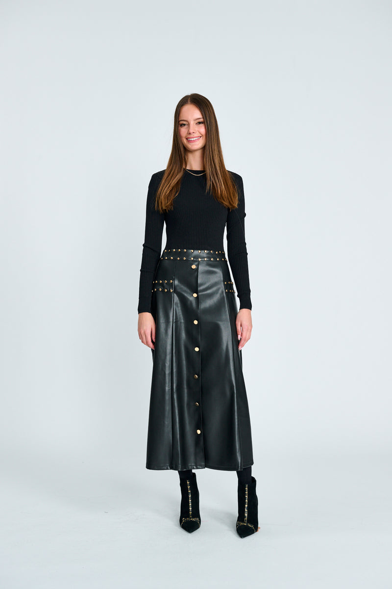 DRESS WITH KNIT TOP LEATHER SKIRT AND GOLD GROMMETS 995268