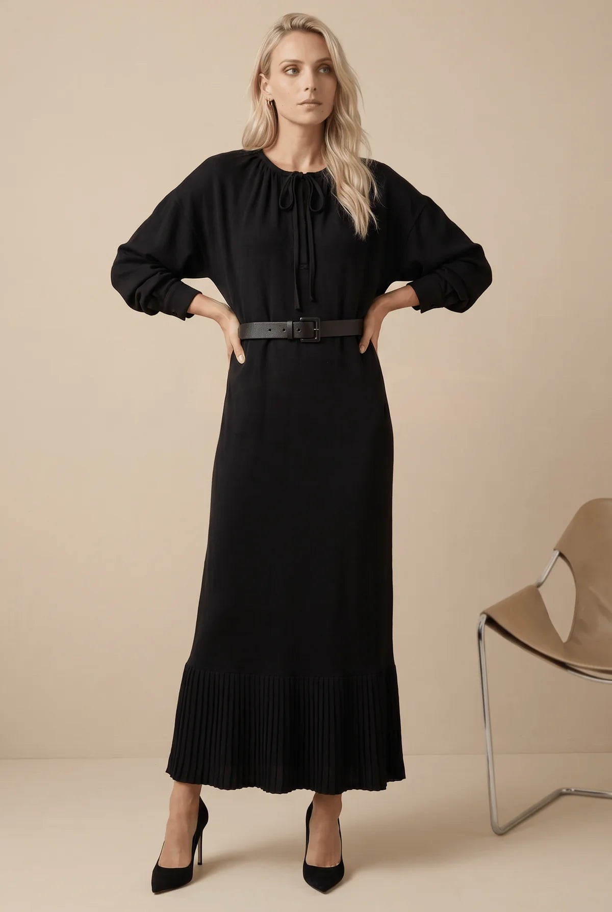 DRAWSTRING FLOUNCE MAXI-BLACK