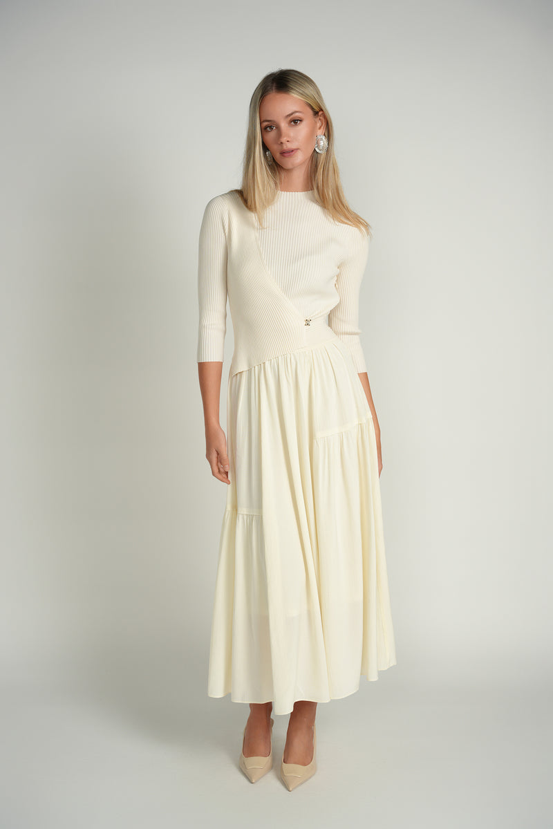 Contrast Knit Midi Dress – Ivory
