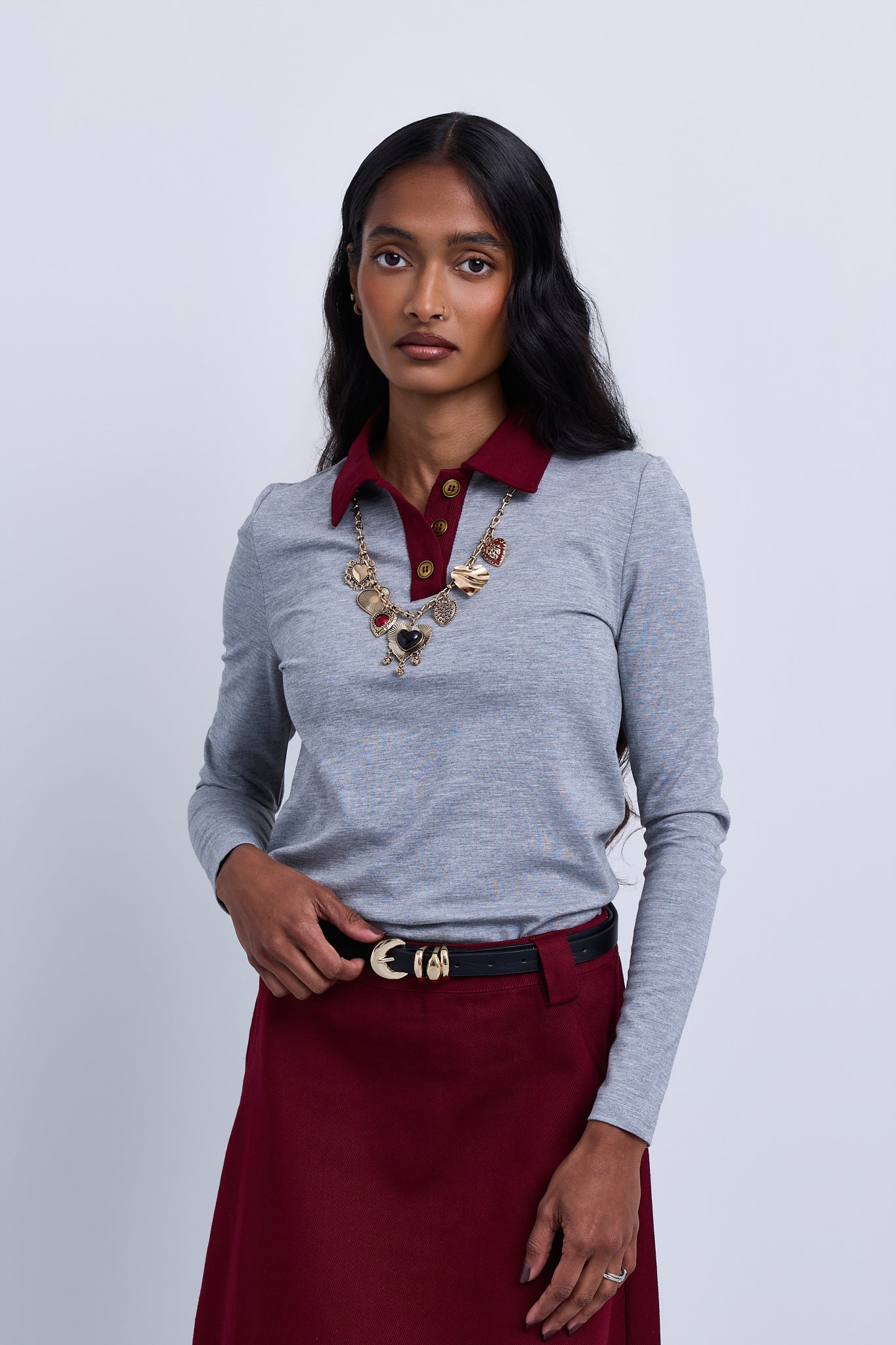 Long-sleeve knit polo with contrast collar