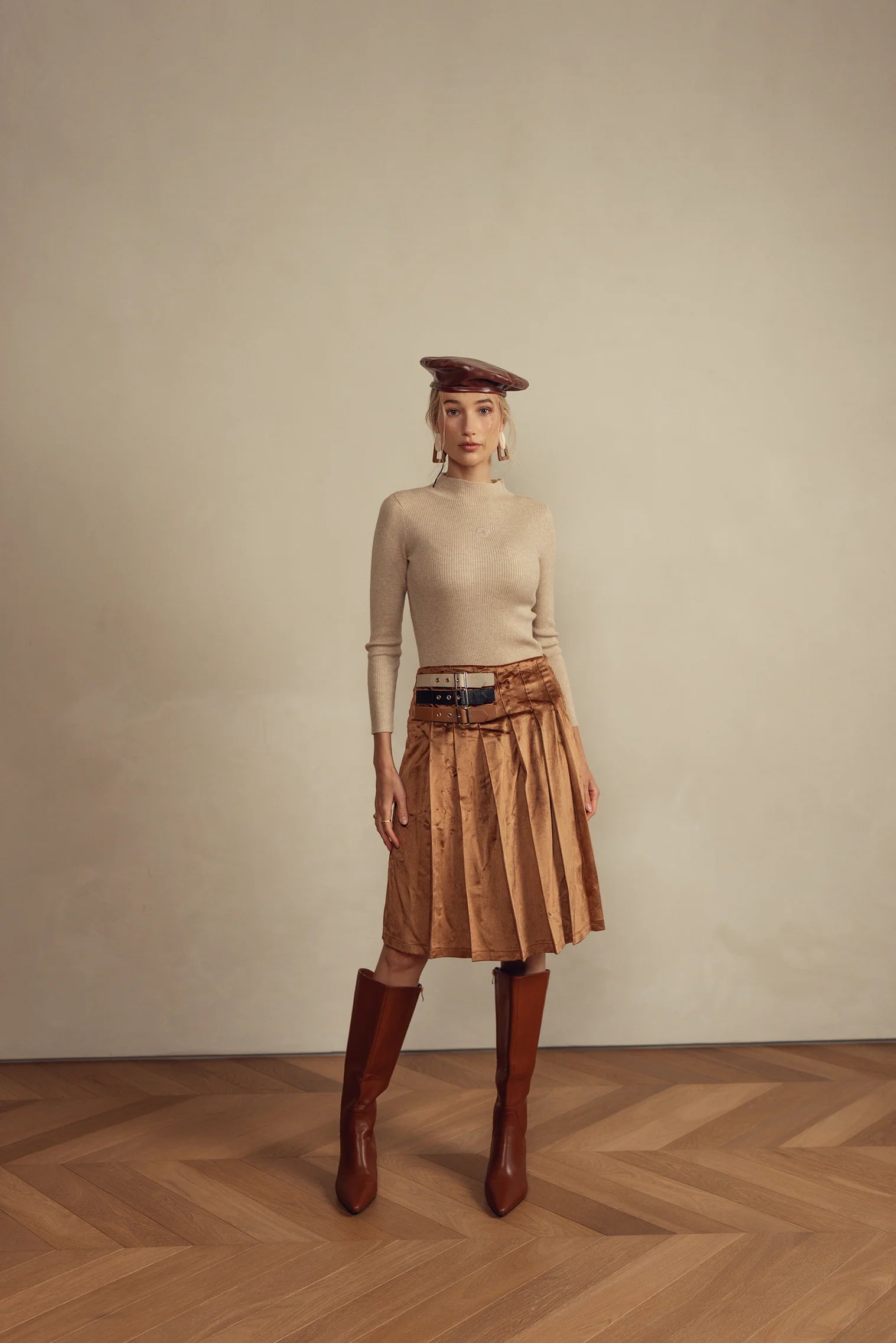 Bliss Triple Buckle Pleat Skirt Brown